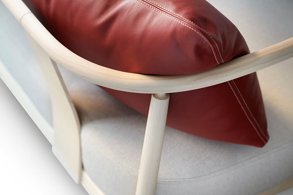 Close-up of bentwood joinery detail on Pierre Sindre's Humble sofa showing Gemla's precision craftsmanship