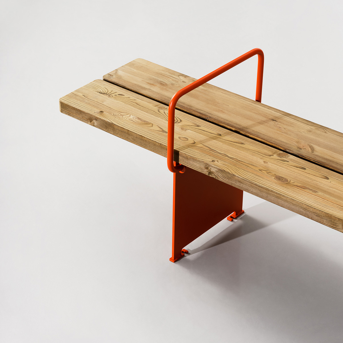 Close-up of Briskeby bench's new armrest connection showing Vestre's weather-resistant materials and engineering.