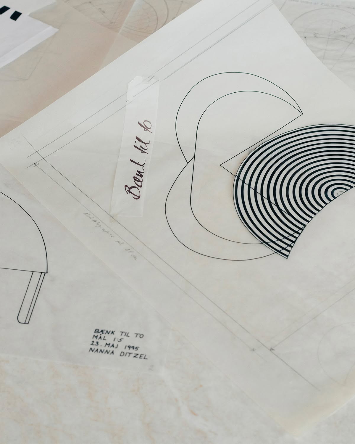 Nanna Ditzel portrait working on furniture design sketches in her Copenhagen studio during 1980s
