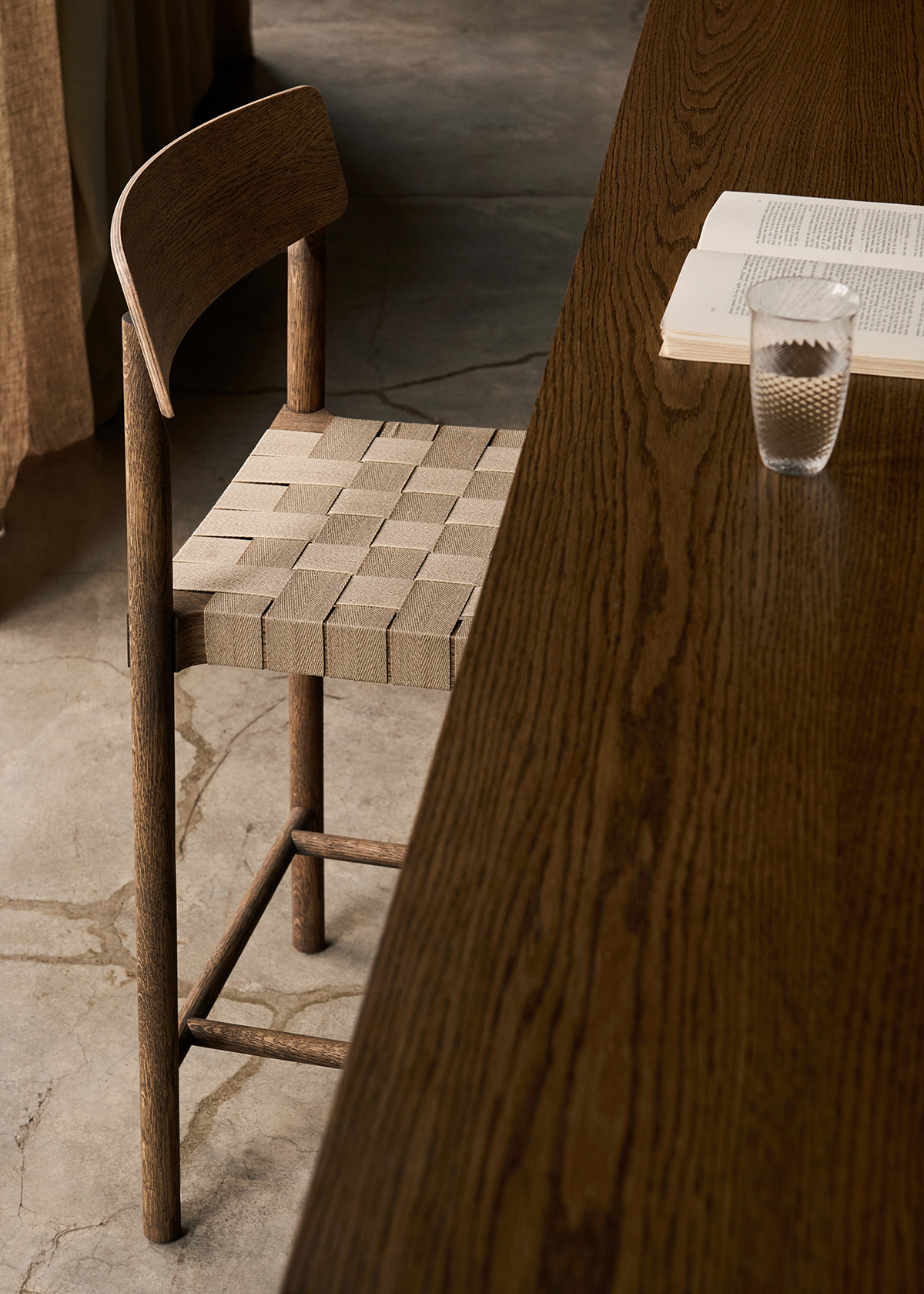 Betty bar chair in clear lacquered oak with linen webbed seat option for modern interiors
