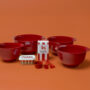 Jacob Jensen Design, Timothy Jacob Jensen, Rosti Mepal, “Victoria Bowl”. Carl-Arne Breger, Od Christensson, Ceka Förpacknings AB, Margarinbolaget AB, Margarine box “Flora”. Gustavsberg, Anna-Britt Agnsäter, Measuring cups. Tetra Pak; Arla; Tom Hedqvist, Milk packaging.