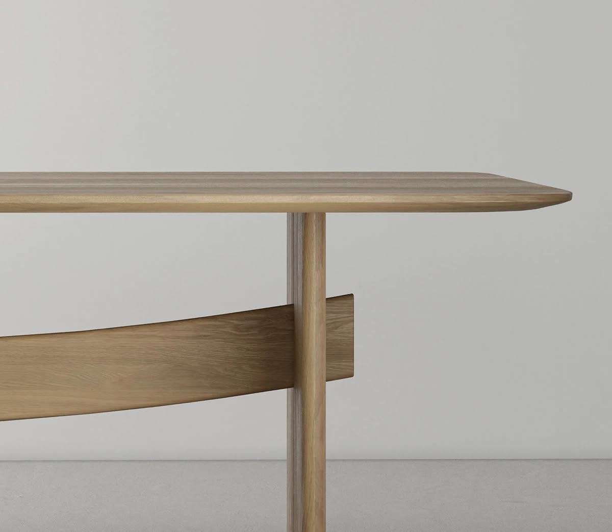 BOW dining table by Monica Förster for District Eight, showing curved oak leg panel and catenary support structure in profile view